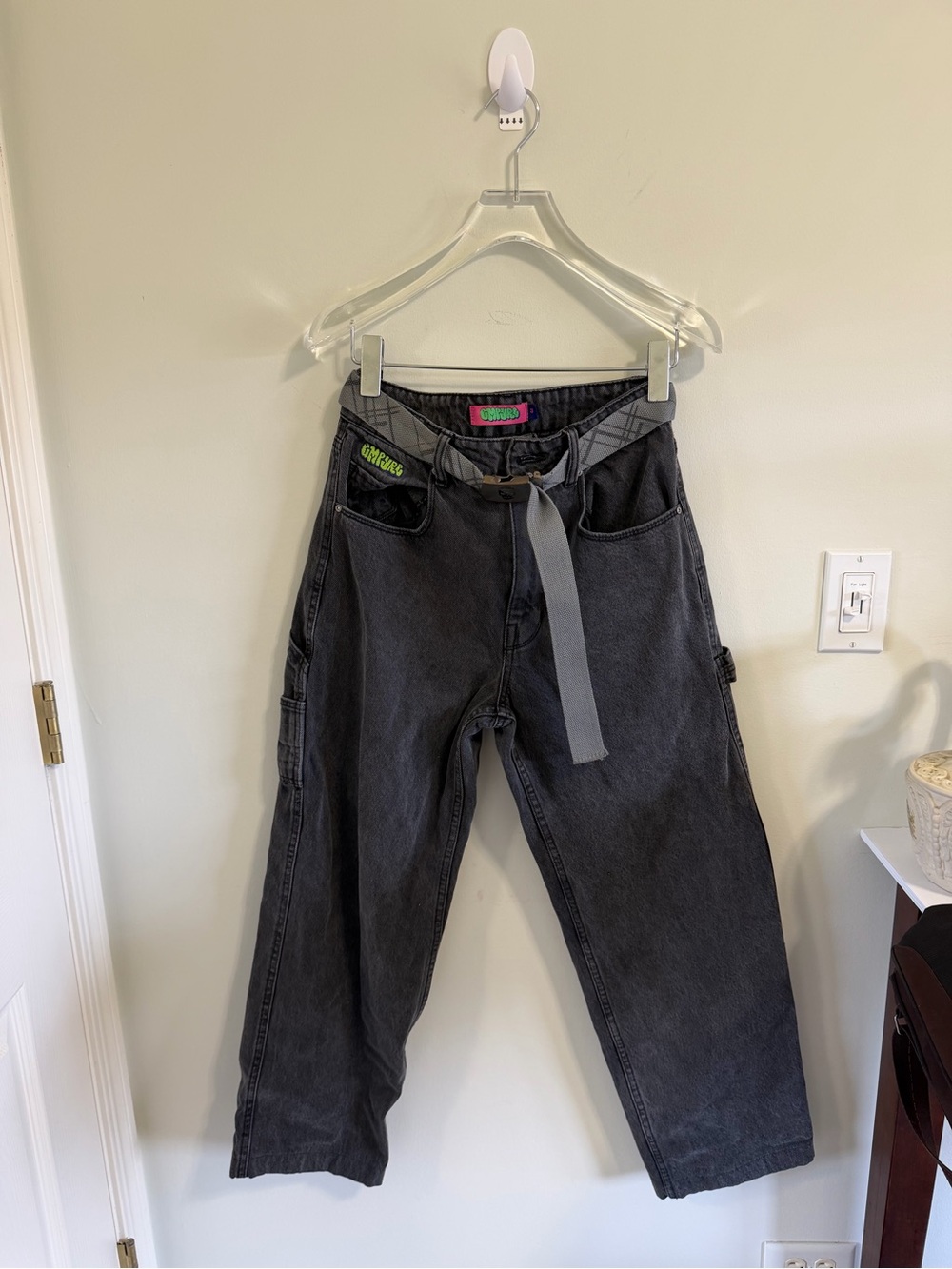 Empyre Y2K Black Washed Carpenter Jeans Size 3 Baggy Wide Leg Skater Belted